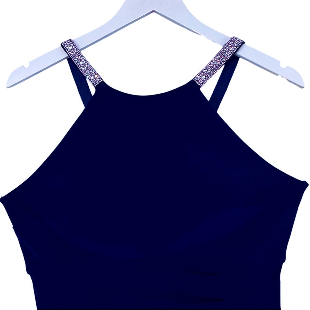 Betsy & Adam Long Halter Neck Sleeveless Gown Rhinestone Straps, Navy Blue, Sz 8 - Picture 6 of 15
